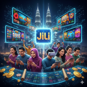 a group of diverse Malaysian individuals, dressed in traditional and modern attire, are enthusiastically engaged with various mobile devices and VR headsets, simulating online gaming.
