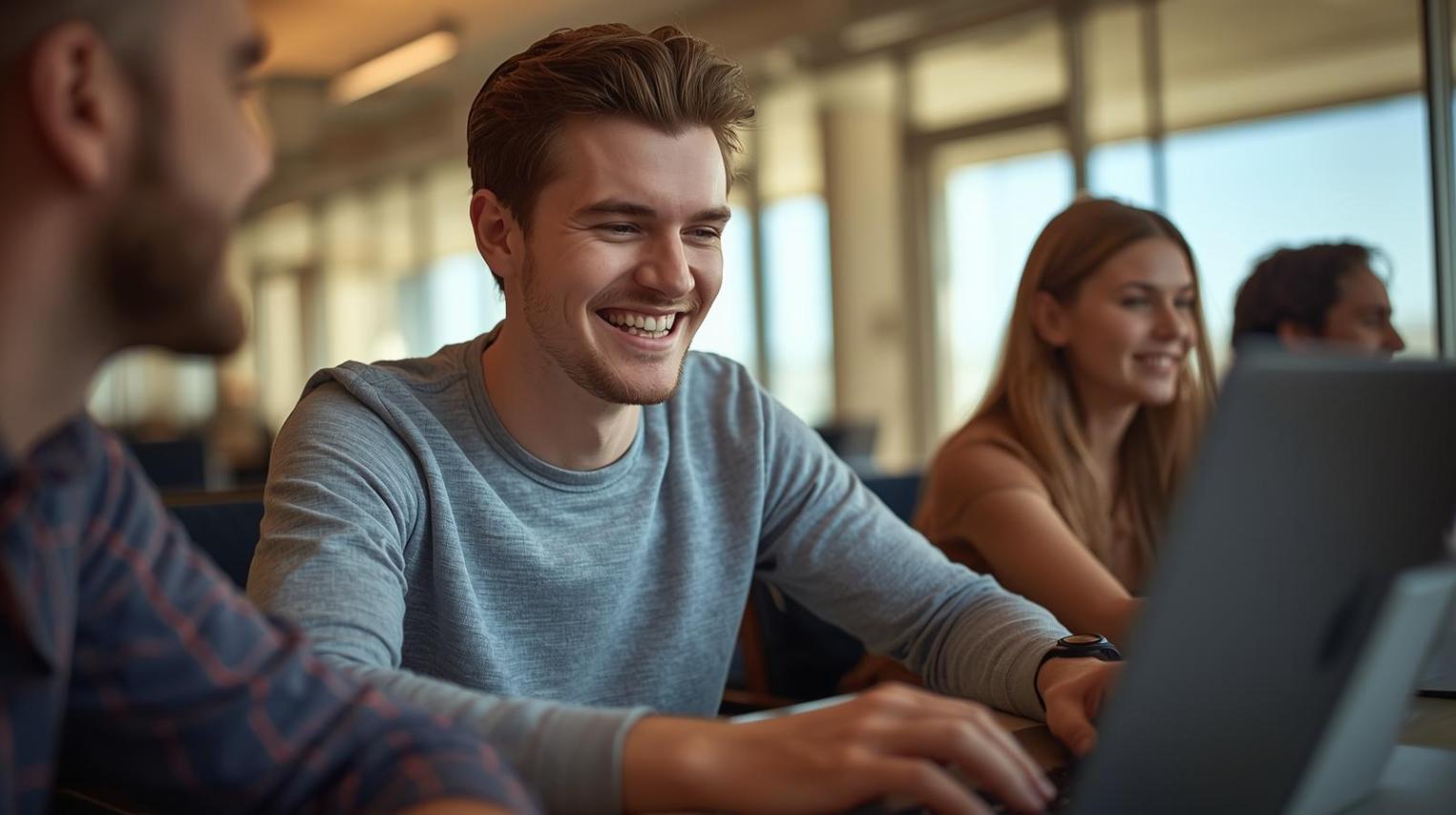 Man smiling while playing online game on laptop, bright room, joyful winning moment.