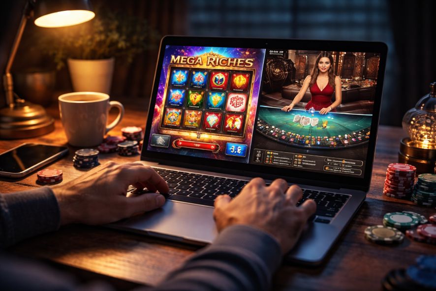 player switching between slot machines and live dealer tables on a laptop at night