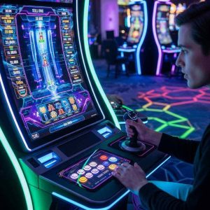 A futuristic casino gaming setup featuring a player interacting with a skill-based slot machine