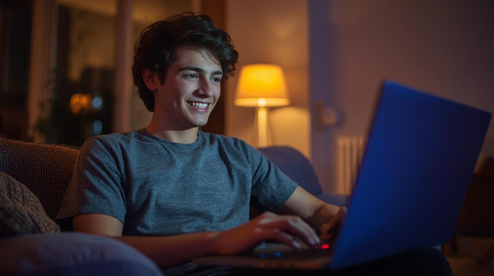 Young gamer enjoys personalized online rewards while relaxing comfortably during evening entertainment.