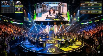 An intense esports tournament scene with players competing on stage, large screens displaying gameplay, audience cheering