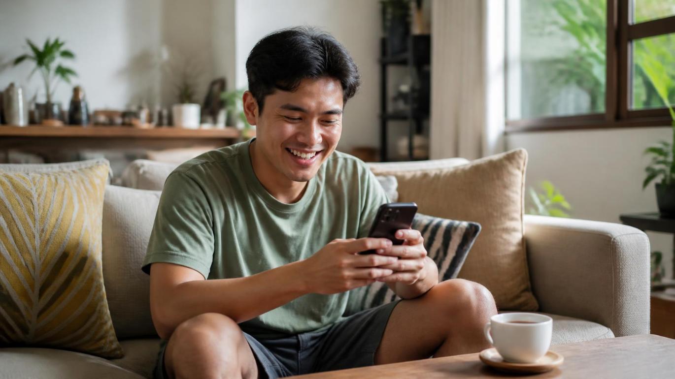 Content man relaxes at home, smiling while checking his phone during a bright afternoon.